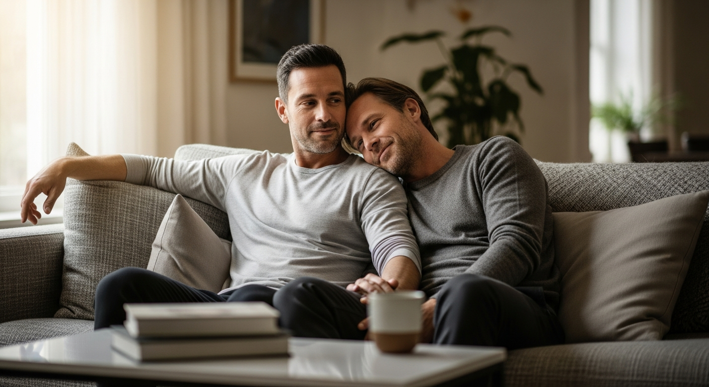 Two men in a relaxed, comfortable setting with quiet closeness.
