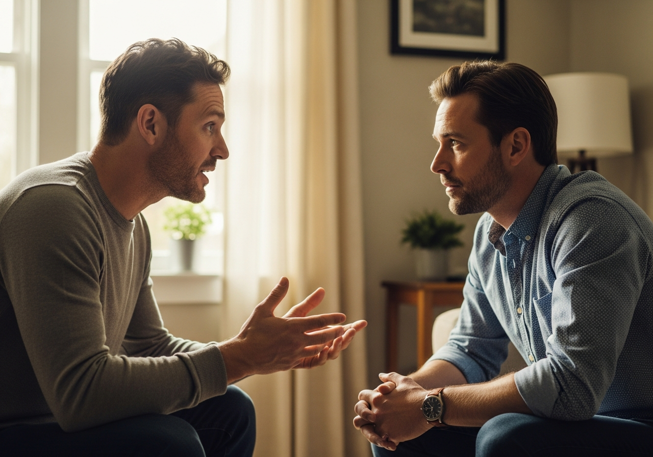 Two men in a real conversation, one speaking honestly while the other genuinely listens.