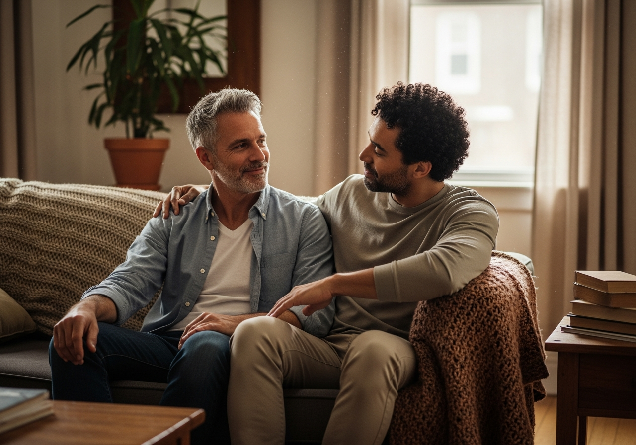 Two men at ease with each other in a private moment of comfort and presence.