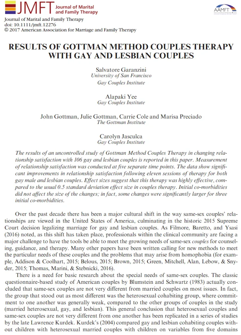 Study of Gottman Method Couples Therapy with Gay and Lesbian Couples