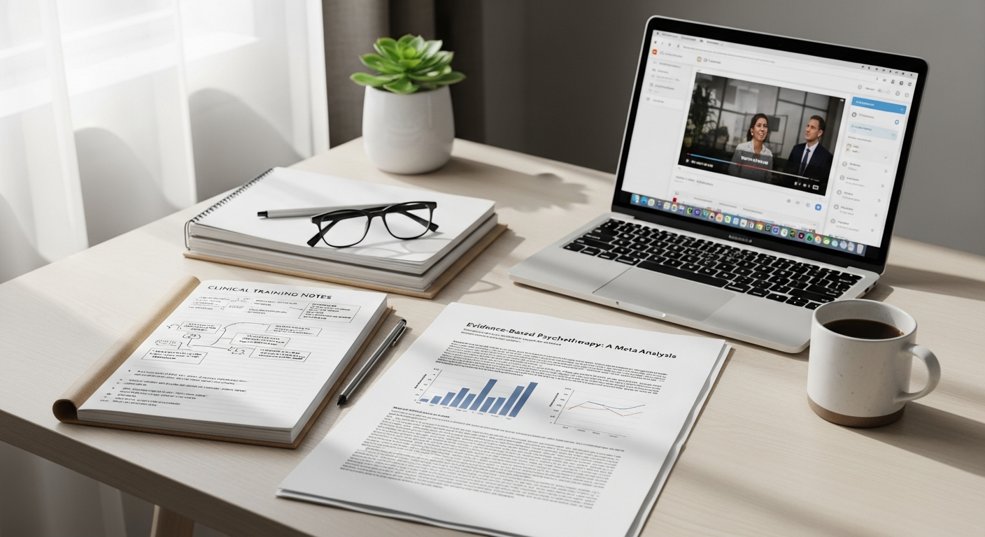 Clinical training notes and research materials on a desk